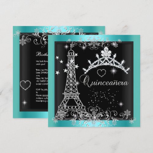 Quinceanera Teal Blue Glitter Tiara Eiffel Tower Invite
