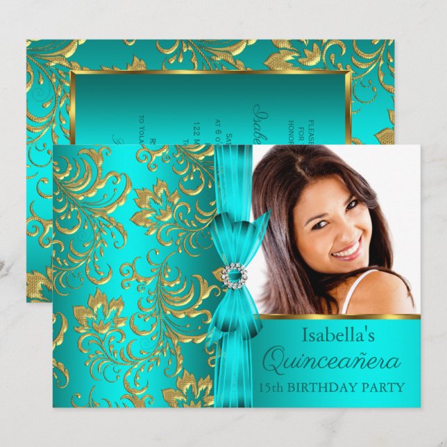Quinceanera Teal Blue Gold Damask Floral Photo Invitation (Front/Back)