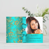 Quinceanera Teal Blue Gold Damask Floral Photo Invitation (Standing Front)