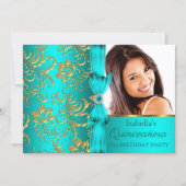 Quinceanera Teal Blue Gold Damask Floral Photo Invitation (Front)
