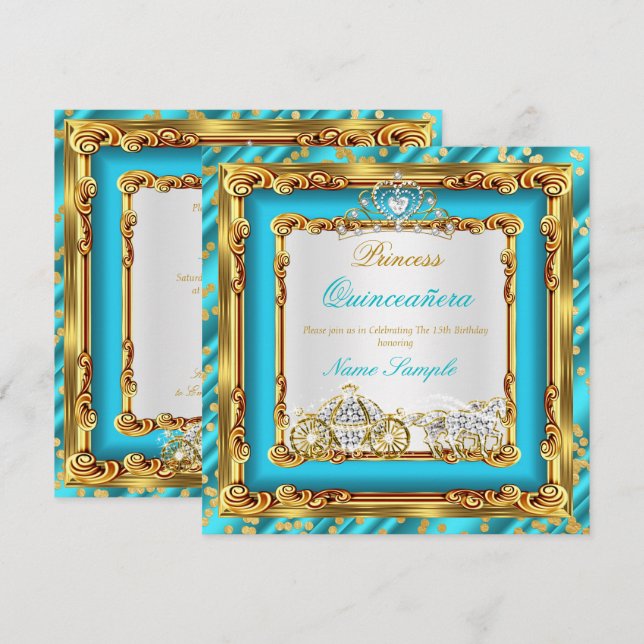 Quinceanera Teal Blue Gold Diamond Horse Carriage Invitation (Front/Back)