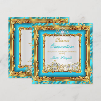 Quinceanera Teal Blue Gold Diamond Horse Carriage Invitation