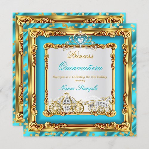 Quinceanera Teal Blue Gold Diamond Horse Carriage Invitation
