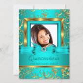 Quinceanera Teal Blue Gold Floral Photo Invitation (Front)
