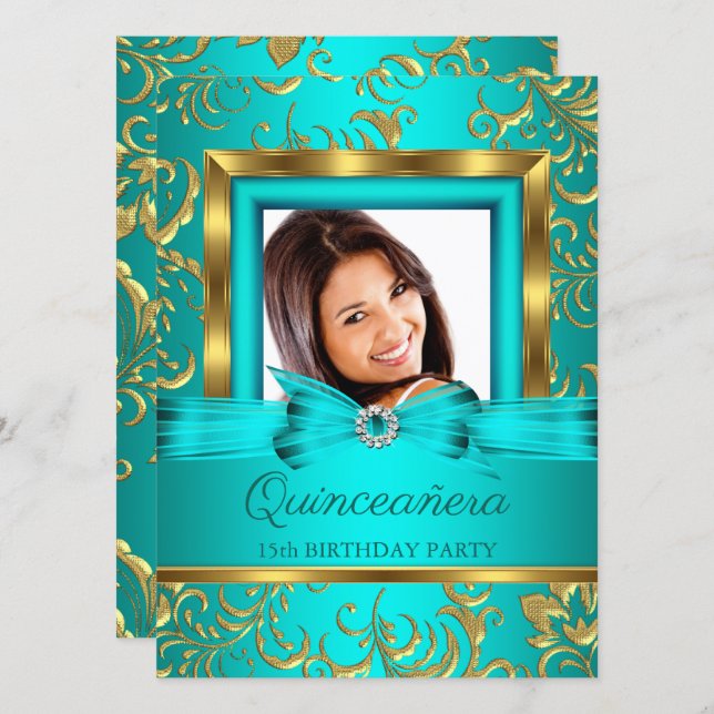 Quinceanera Teal Blue Gold Floral Photo Invitation (Front/Back)