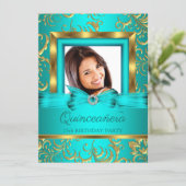 Quinceanera Teal Blue Gold Floral Photo Invitation (Standing Front)