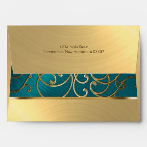 Quinceanera Teal Blue Green and Gold Filigree Envelope