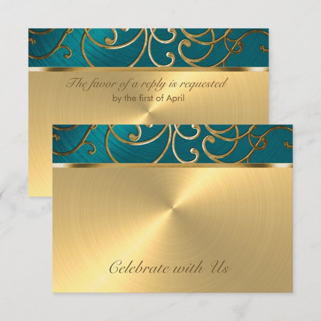 Quinceanera Teal Blue Green and Gold Filigree Invitation (Front/Back)