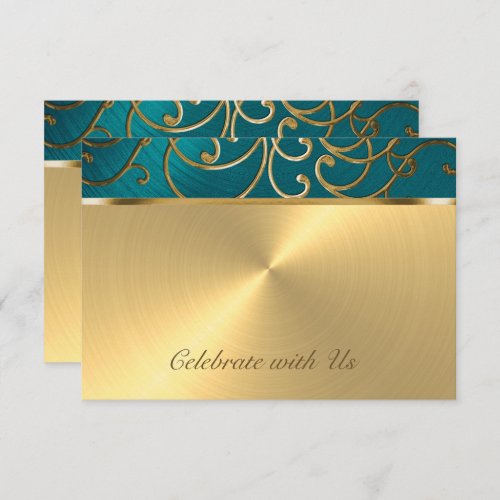 Quinceanera Teal Blue Green and Gold Filigree Invitation