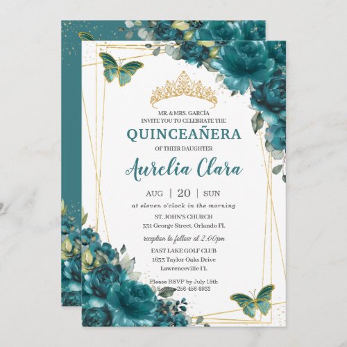 Quinceaera Teal Blue Green Floral Butterflies  Invitation