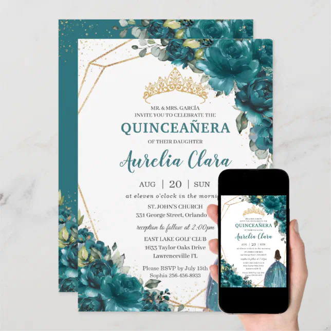 Quinceañera Teal Blue Green Floral Princess Crown Invitation Zazzle