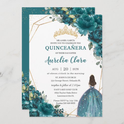 Quinceaera Teal Blue Green Floral Princess Crown Invitation