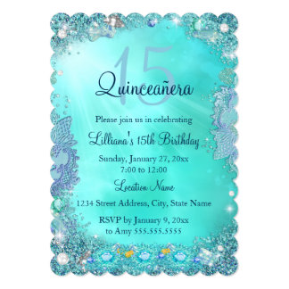 Quinceanera Teal Blue Ocean Jewel Birthday Party Card