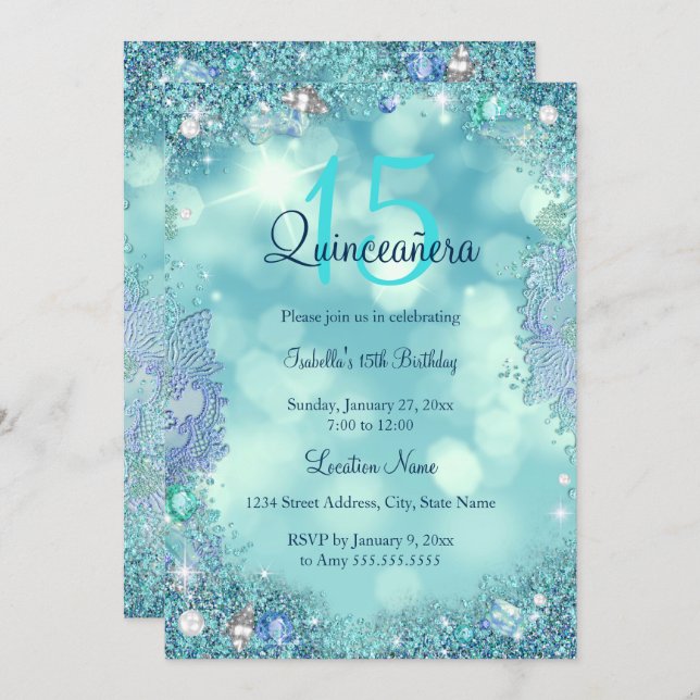 Quinceanera Teal Blue Ocean Sky Birthday Party Invitation (Front/Back)