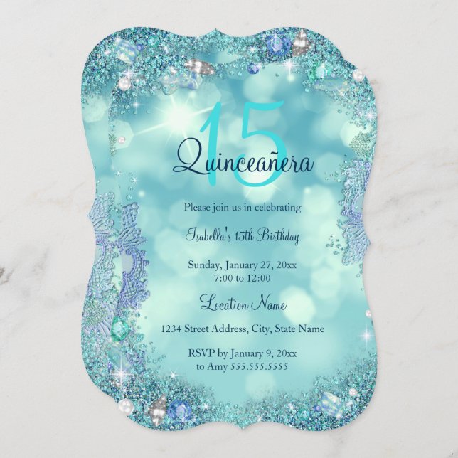 Quinceanera Teal Blue Ocean Sky Birthday Party Invitation (Front/Back)