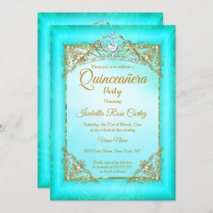 Quinceanera Teal blue pearl photo Gold Tiara party Invitation