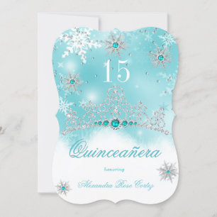 Quinceanera Teal Blue Pearl Snowflake 15 Birthday Invitation