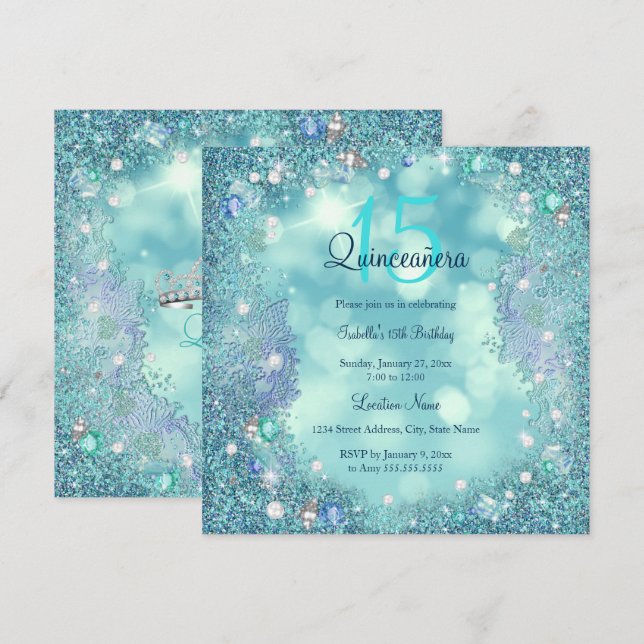 Quinceanera Teal Blue Pearls Ocean Sky Birthday Invitation (Front/Back)