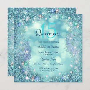 Quinceanera Teal Blue Pearls Ocean Sky Birthday Invitation