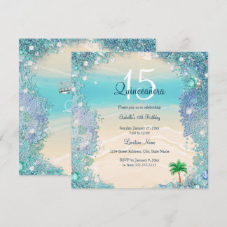 Quinceanera Teal Blue Sand Ocean Beach Birthday 2 Invitation