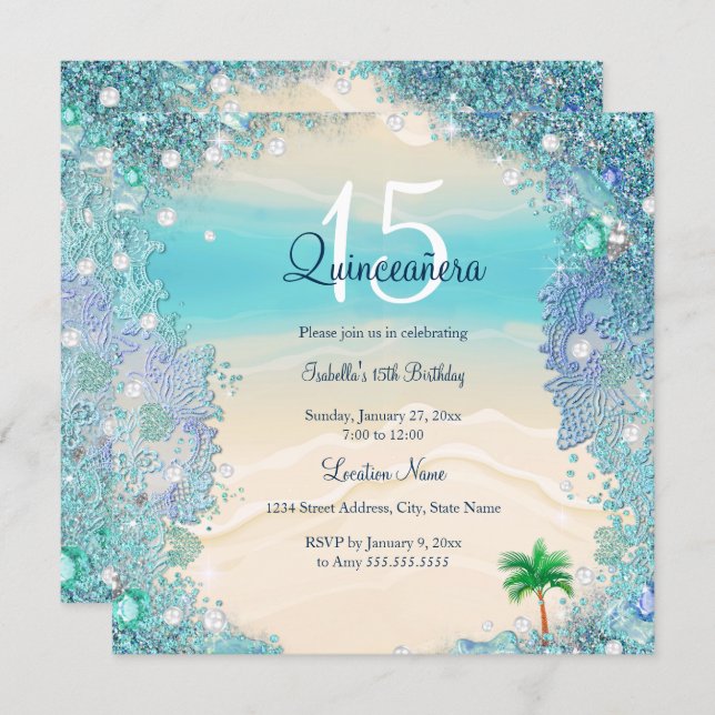Quinceanera Teal Blue Sand Ocean Beach Birthday 2 Invitation (Front/Back)