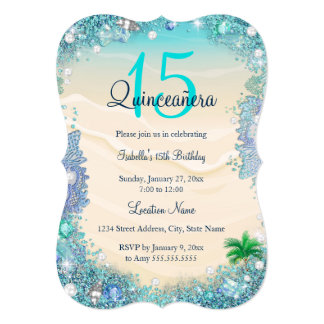 Quinceanera Teal Blue Sand Ocean Beach Birthday Card