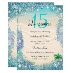Quinceanera Teal Blue Sand Ocean Beach Birthday Card