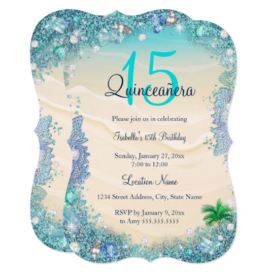 quinceanera teal blue sand ocean beach birthday invitation zazzle com