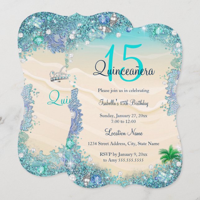 Quinceanera Teal Blue Sand Ocean Beach Birthday Invitation (Front/Back)