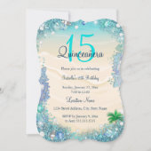 Quinceanera Teal Blue Sand Ocean Beach Birthday Invitation (Front)