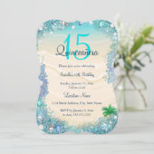 Quinceanera Teal Blue Sand Ocean Beach Birthday Invitation (Standing Front)