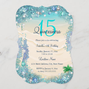 Quinceanera Teal Blue Sand Ocean Beach Birthday Invitation