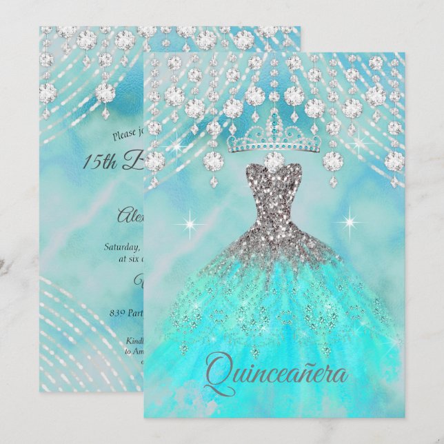 Quinceanera Teal Blue Silver 15th Birthday Party Invitation (Front/Back)