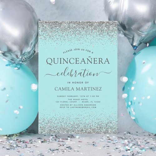 Quinceanera Teal Blue Silver Glitter Sparkle Invitation