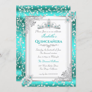 Quinceanera Teal Blue Silver Snowflake Tiara Invitation