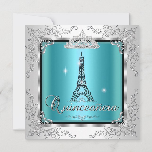 Quinceanera Teal Blue Silver Tiara Eiffel Tower 2 Invitation (Front)