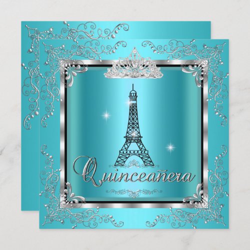 Quinceanera Teal Blue Silver Tiara Eiffel Tower 3 Invitation