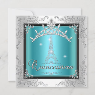 Quinceanera Teal Blue Silver Tiara Eiffel Tower Invitation