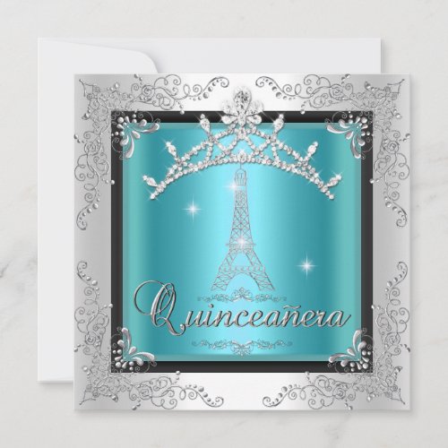 Quinceanera Teal Blue Silver Tiara Eiffel Tower Announcements