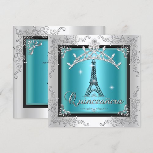 Quinceanera Teal Blue Silver Tiara Eiffel Tower Custom Invites
