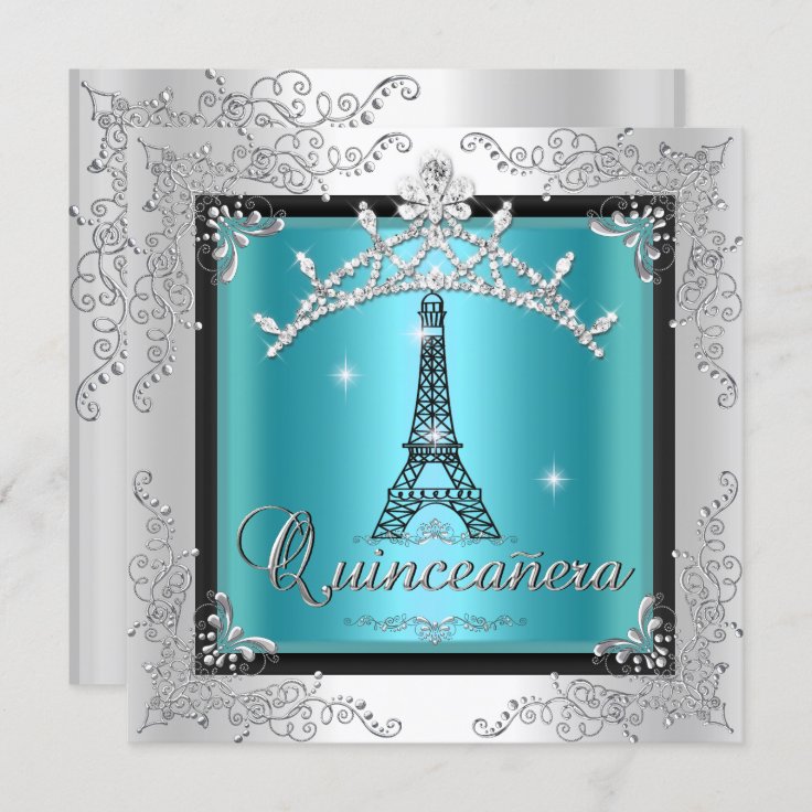 Quinceanera Teal Blue Silver Tiara Eiffel Tower Invitation Zazzle