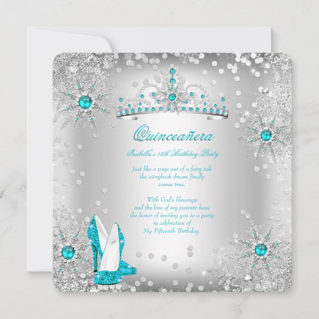Quinceanera Teal Blue Silver Winter Wonderland Invitation (Front)