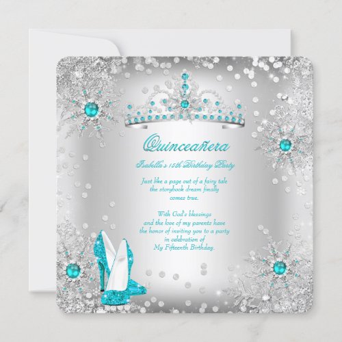 Quinceanera Teal Blue Silver Winter Wonderland Invitation