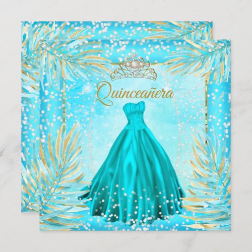 Quinceanera Teal Blue Tiara Dress Birthday Party Invitation