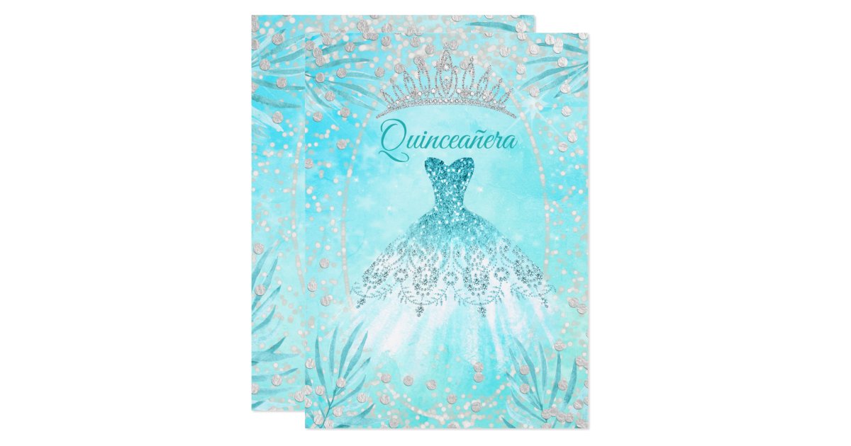 Quinceanera Teal Blue Tiara Dress Winter Birthday Invitation