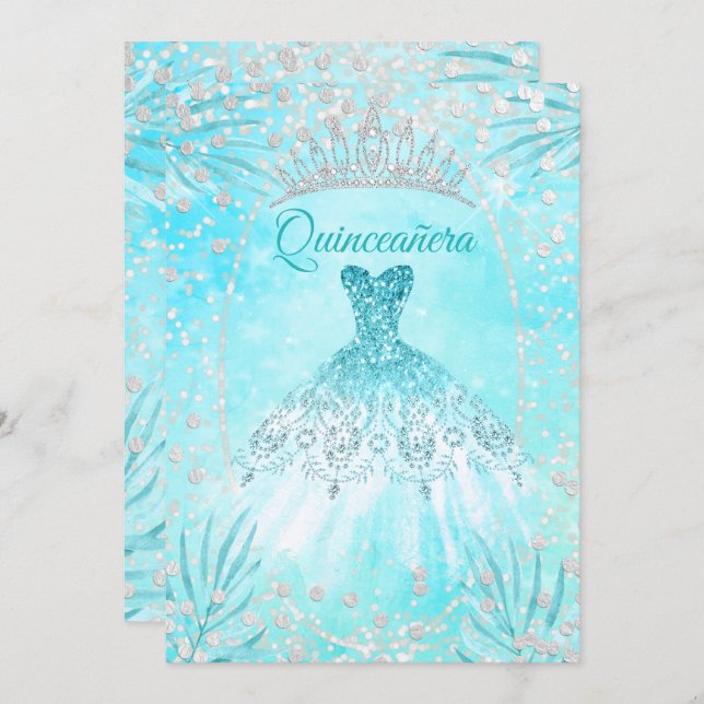 Quinceanera Teal Blue Tiara Dress winter Birthday Invitation (Front/Back)