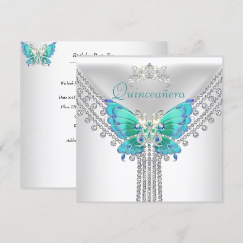 Quinceañera Teal Blue White Butterfly Diamond 2 Personalized Invitations