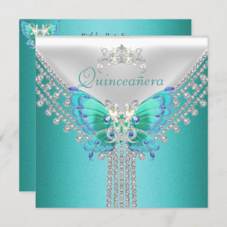 Quinceañera Teal Blue White Butterfly Diamond Invitation