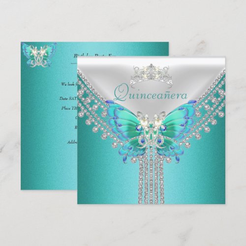 Quinceañera Teal Blue White Butterfly Diamond Invitations