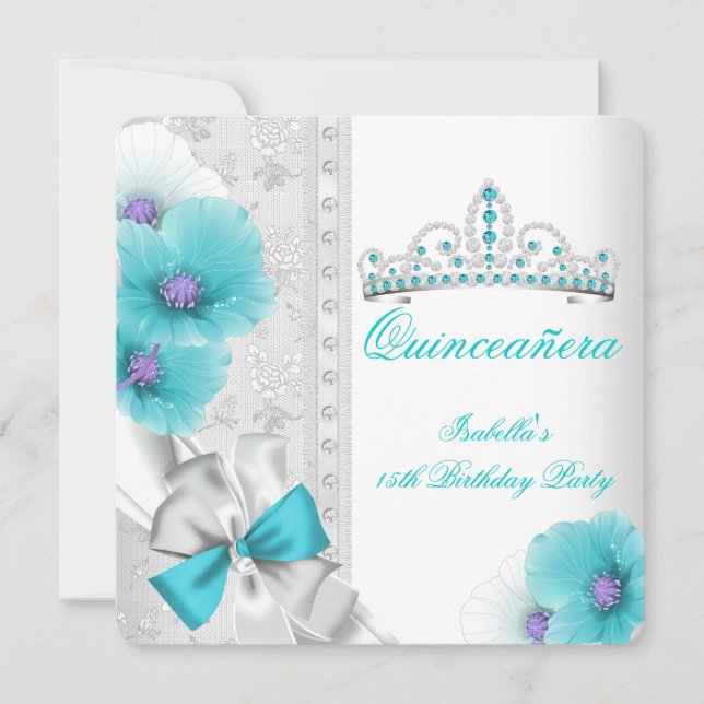 Quinceanera Teal Blue White Floral Diamond Tiara Invitation (Front)